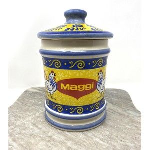 Maggi Ceramic Canister CookieJar & Lid Mexico by MonHos Rooster Vintage CHIP